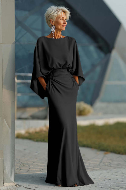 Silver Sheath 3/4 Sleeves Long Mother of the Bride Dress with Pockets