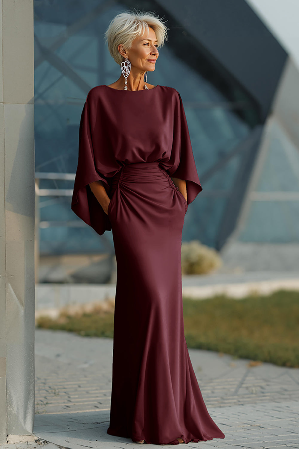 Silver Sheath 3/4 Sleeves Long Mother of the Bride Dress with Pockets