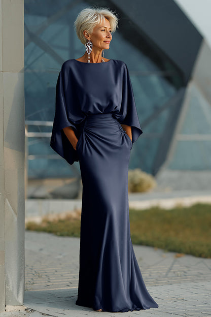 Silver Sheath 3/4 Sleeves Long Mother of the Bride Dress with Pockets