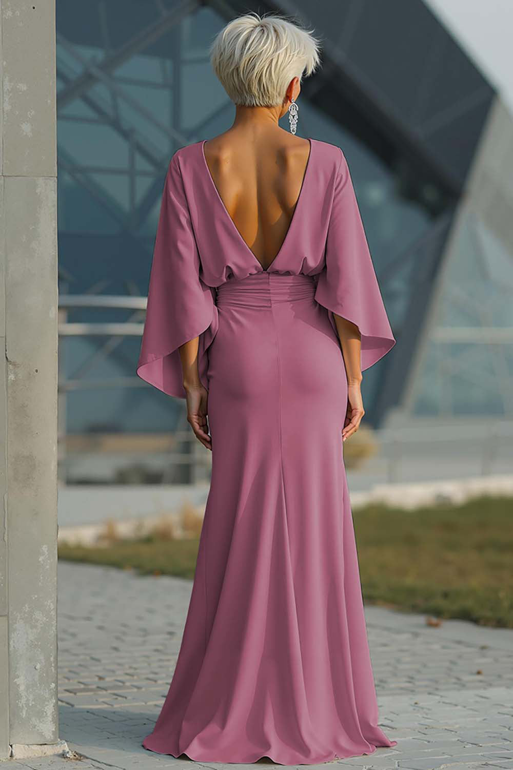 Silver Sheath 3/4 Sleeves Long Mother of the Bride Dress with Pockets