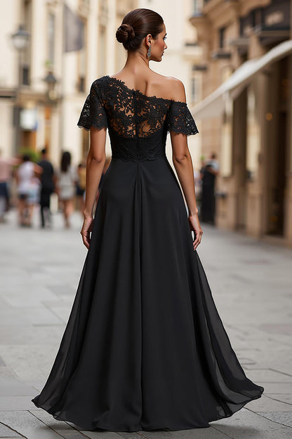 Black One Shoulder Ruched Long Mother of the Bride Dress with Lace