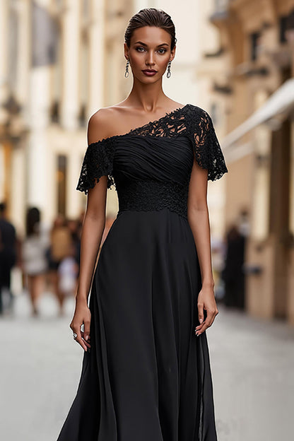 Black One Shoulder Ruched Long Mother of the Bride Dress with Lace