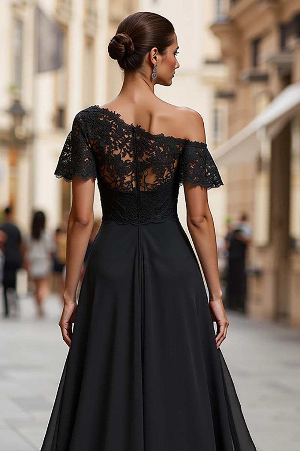 Black One Shoulder Ruched Long Mother of the Bride Dress with Lace