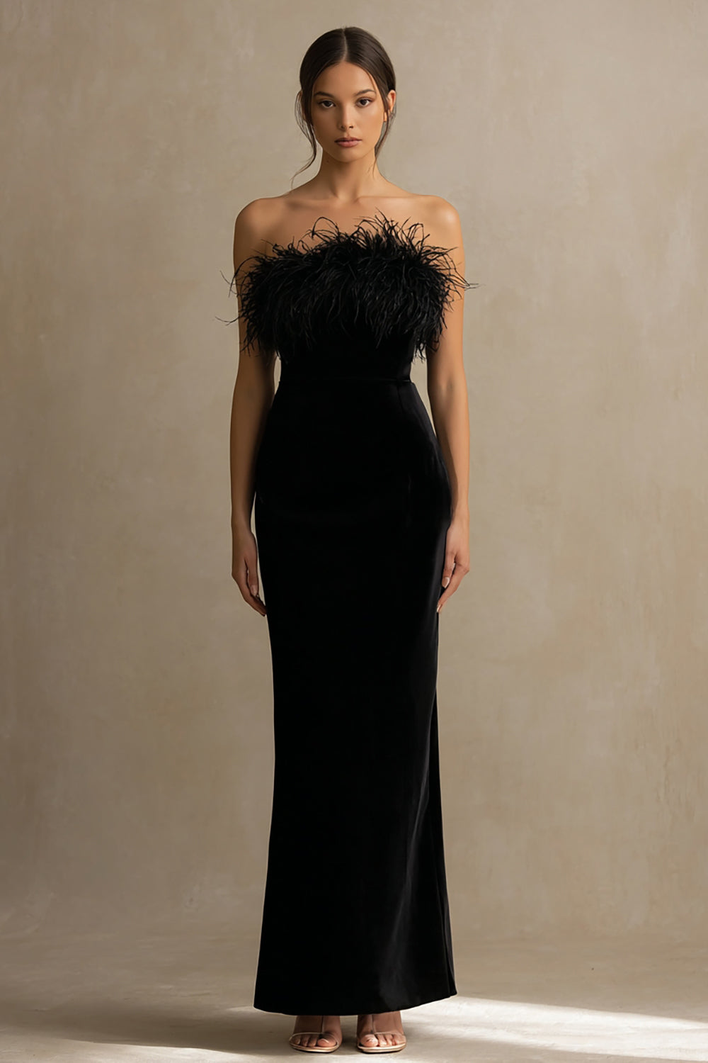 Black Velvet Strapless Long Holiday Party Dress with Feather