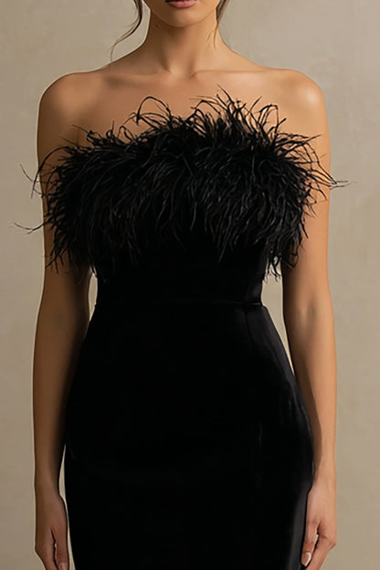Black Velvet Strapless Long Holiday Party Dress with Feather