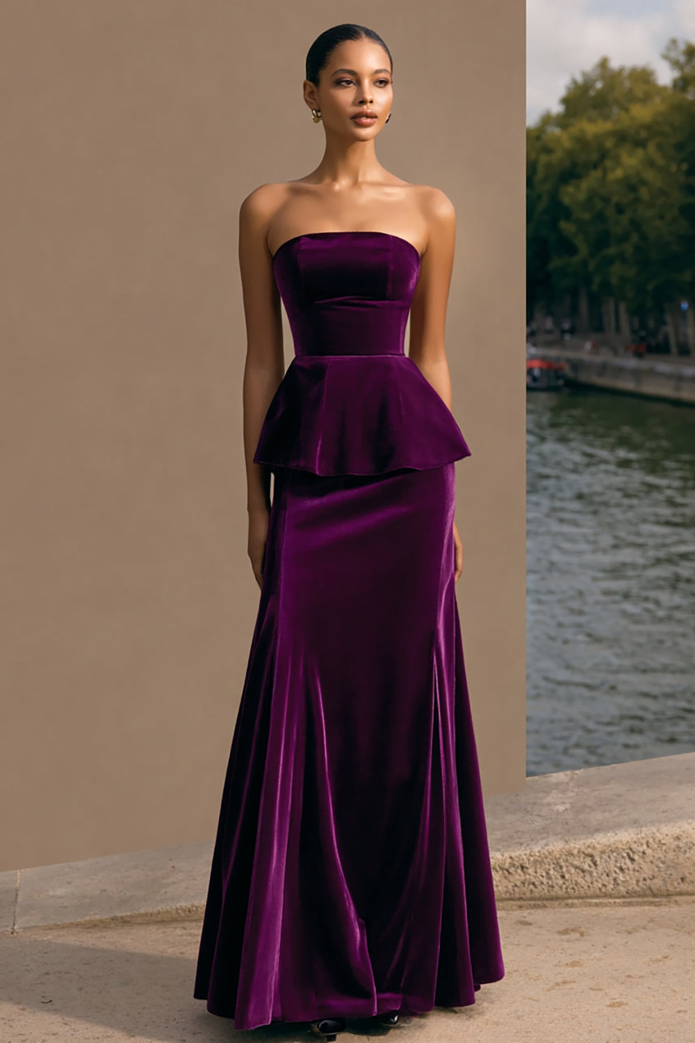Plum Strapless Long Velvet Holiday Party Dress