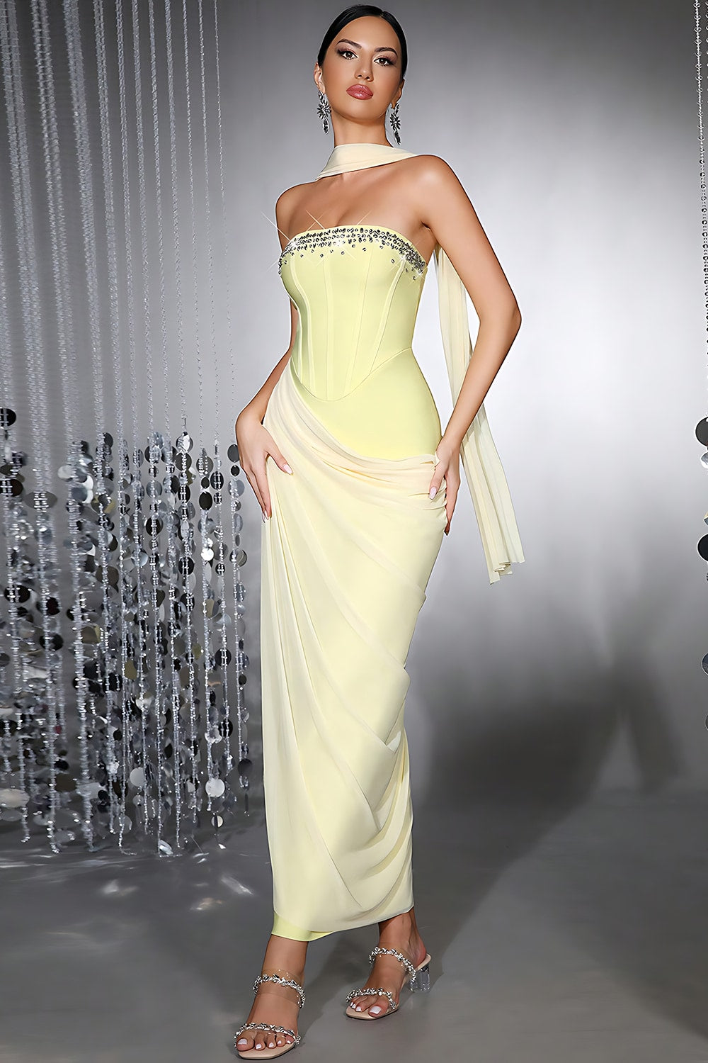 Yellow Strapless Sheath Corset Prom Dress with Beading