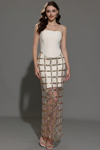 White Strapless Corset Sheath Prom Dress with Sequins