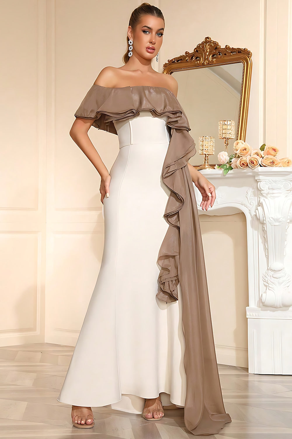 White Strapless Sheath Prom Dress with Ruffled