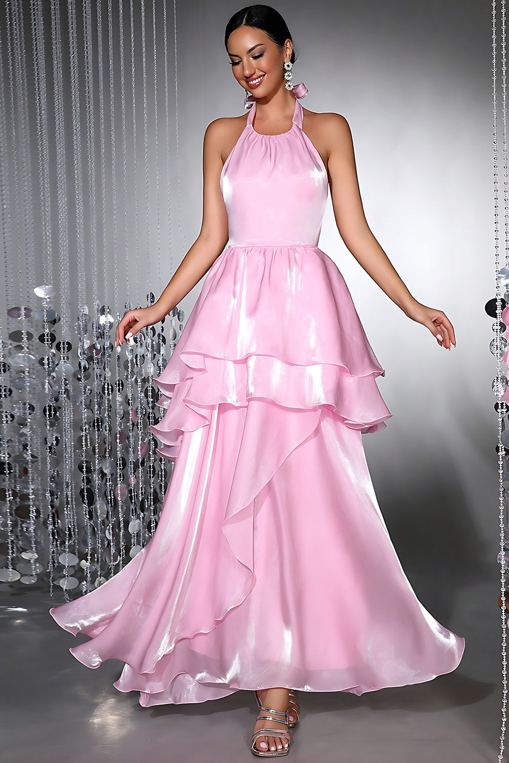 Pink Halter Chiffon A Line Prom Dress with Ruffled