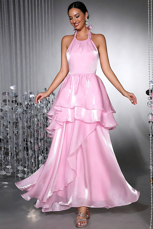 Pink Halter Chiffon A Line Prom Dress with Ruffled