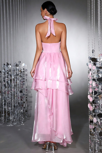 Pink Halter Chiffon A Line Prom Dress with Ruffled