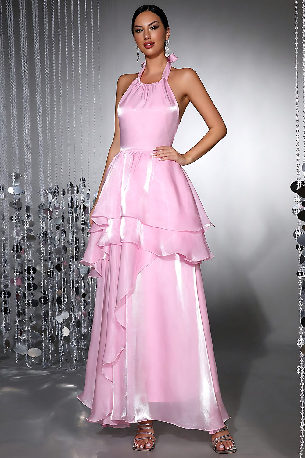 Pink Halter Chiffon A Line Prom Dress with Ruffled