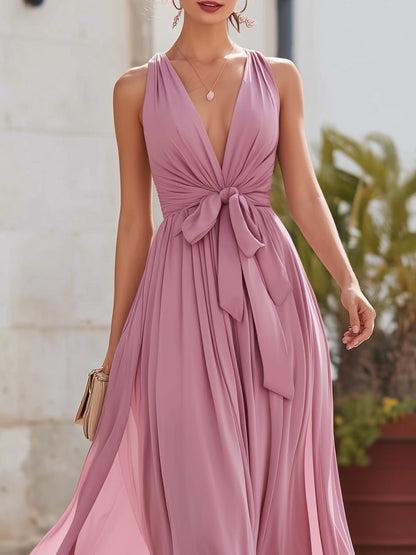 Halter V-Neck Tie-Waist Flowing Maxi Dress