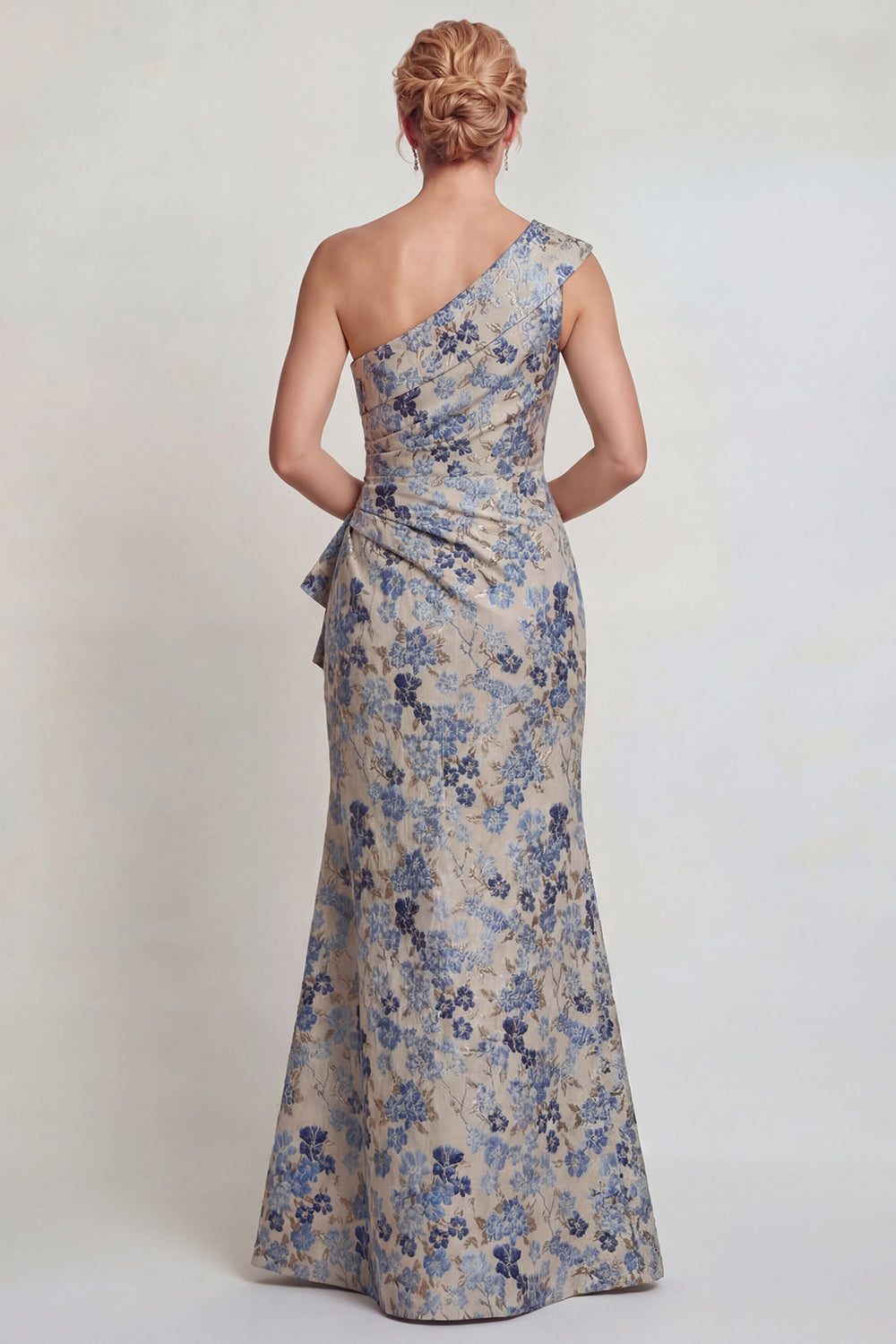 Grey Blue Flower Ruched One Shoulder Mermaid Mother of the Bride Dress with Slit