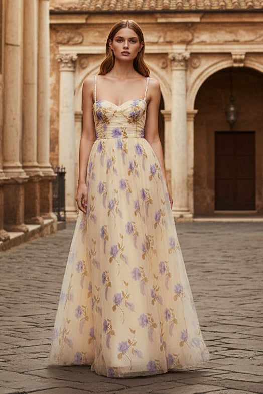 A-Line Yellow Floral  Spaghetti Straps Long Prom Dress with Slit