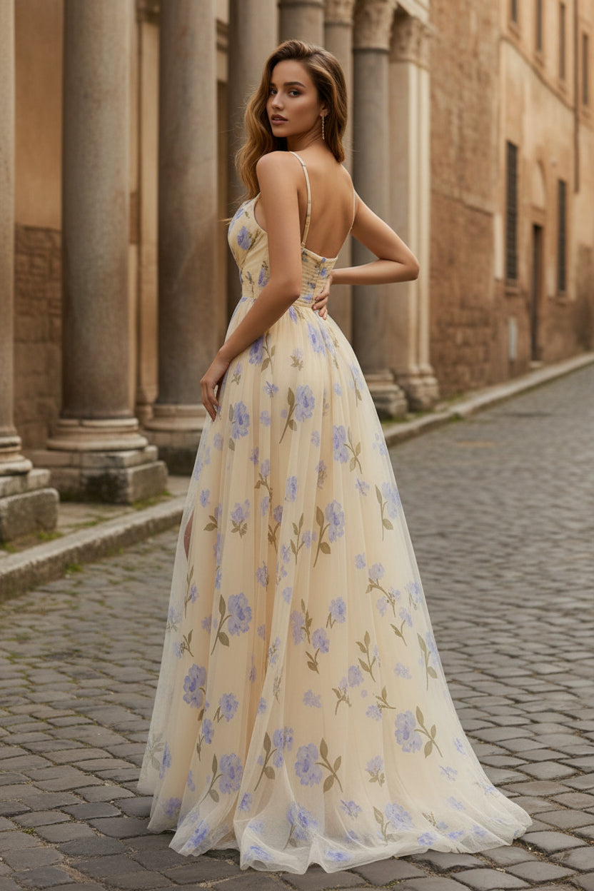 A-Line Yellow Floral  Spaghetti Straps Long Prom Dress with Slit