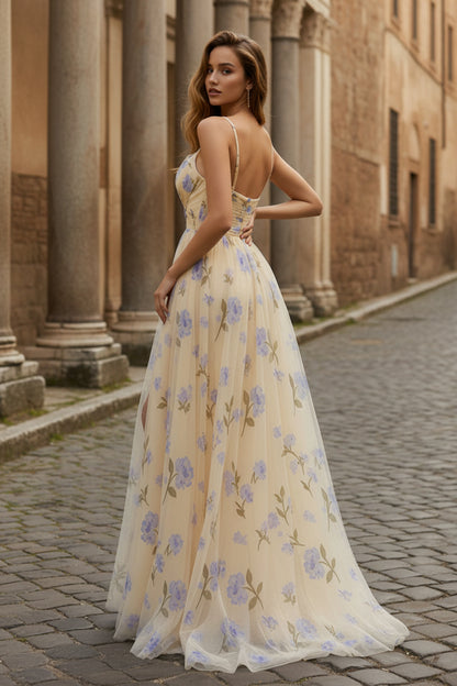 A-Line Yellow Floral  Spaghetti Straps Long Prom Dress with Slit