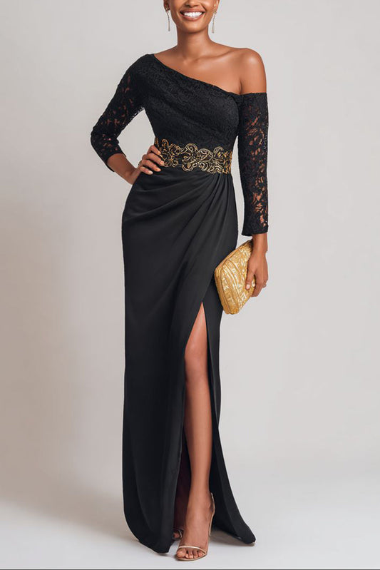 Black One Shoulder Sheath Lace Long Sleeve Mother of the Bride Dress with Slit