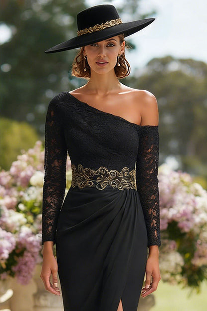 Black One Shoulder Sheath Lace Long Sleeve Mother of the Bride Dress with Slit