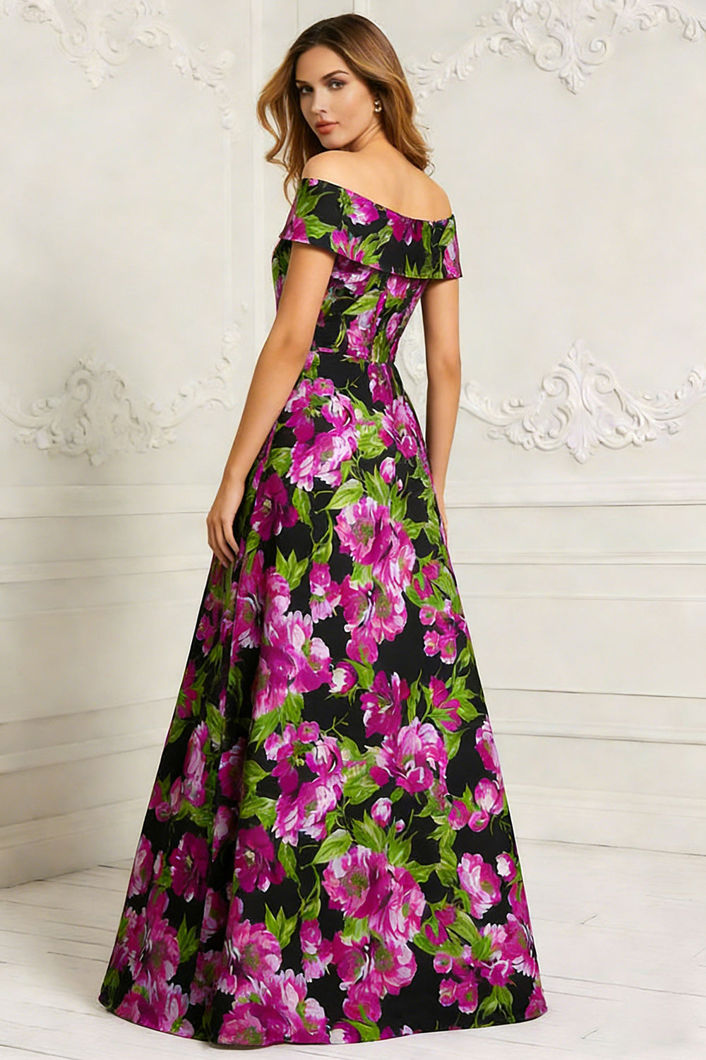 Off the Shoulder Black Floral A Line Printed Long Mother of the Bride Dress