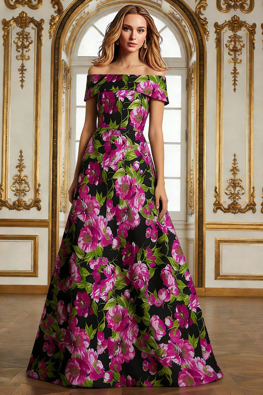Off the Shoulder Black Floral A Line Printed Long Mother of the Bride Dress