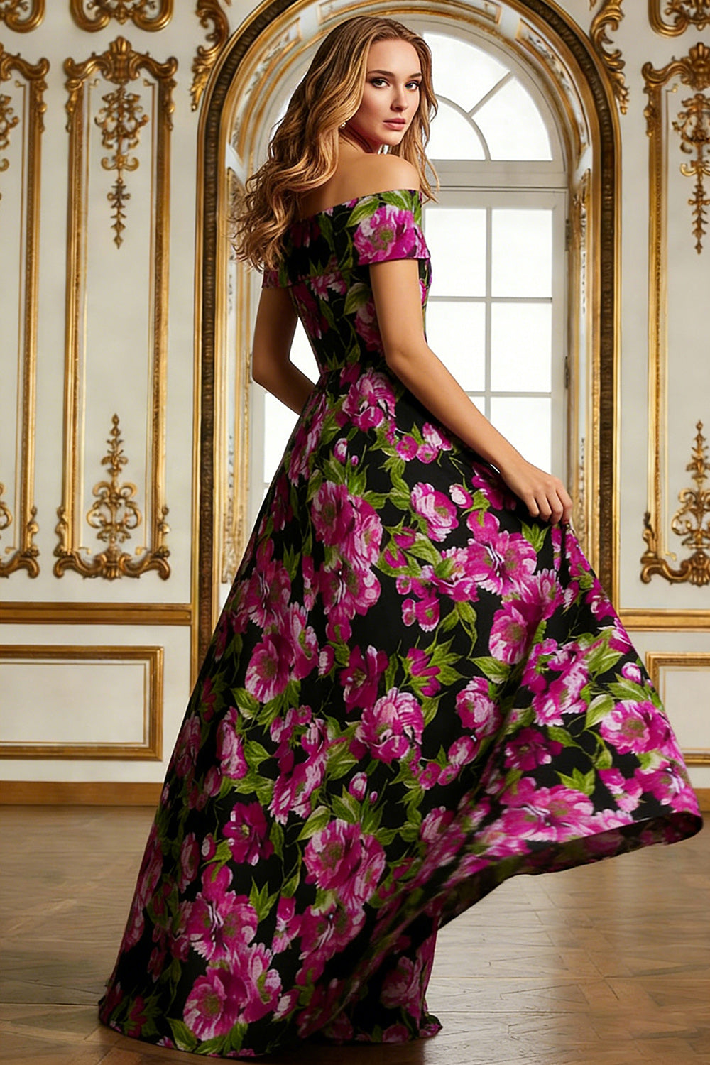 Off the Shoulder Black Floral A Line Printed Long Mother of the Bride Dress