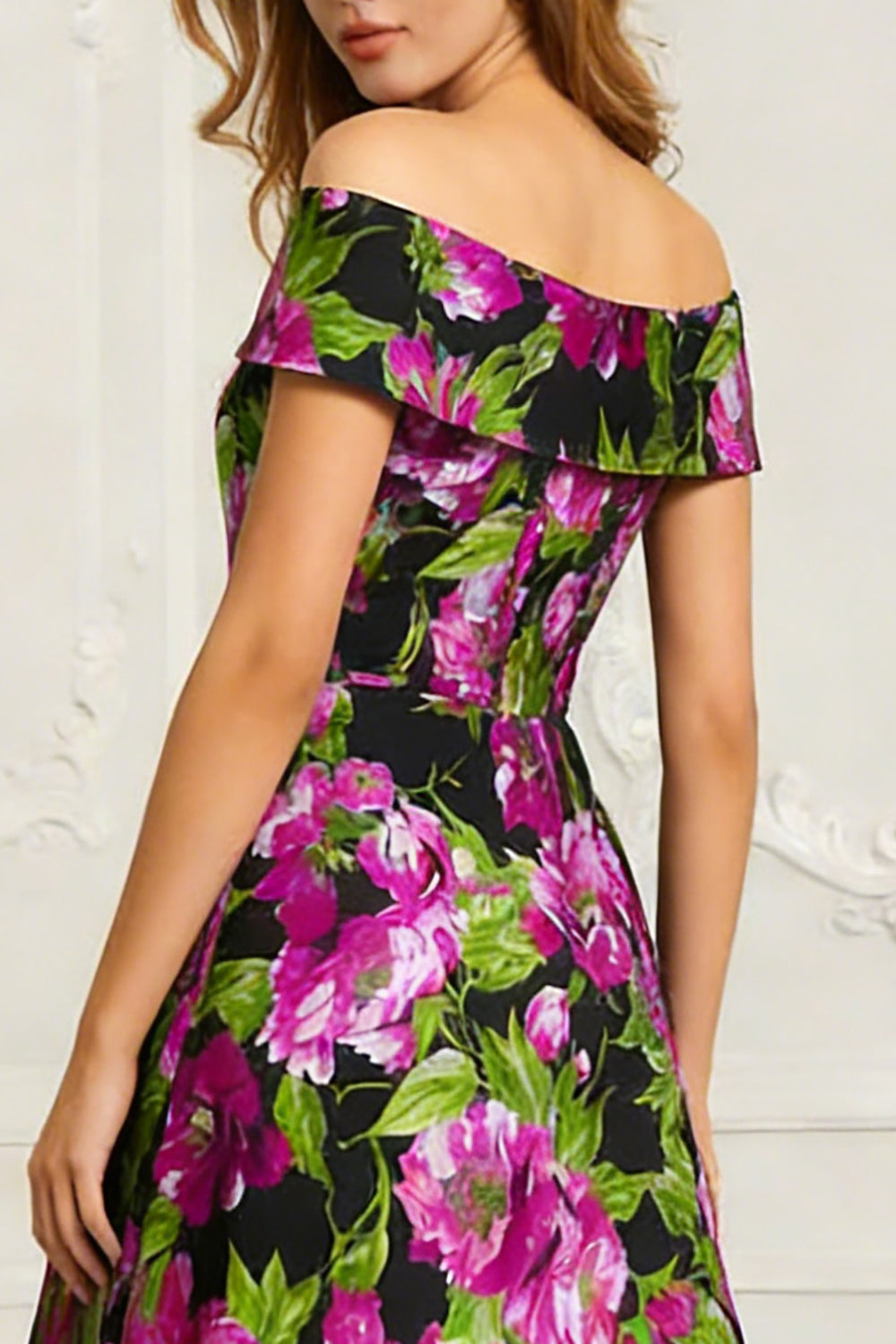 Off the Shoulder Black Floral A Line Printed Long Mother of the Bride Dress