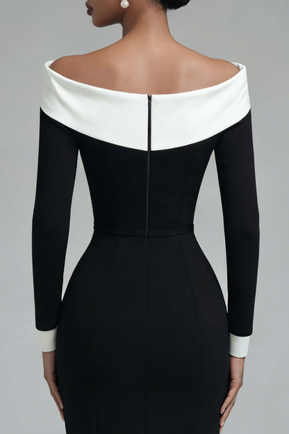 Off the Shoulder Black Bodycon Midi Work Dress