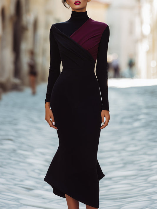 Classic Two-Tone Draped Turtleneck Midi Dress
