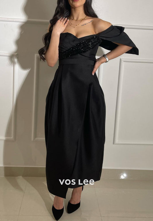 Black A-Line Off the Shoulder Sleeveless Beaded Pleated Evening Dresses