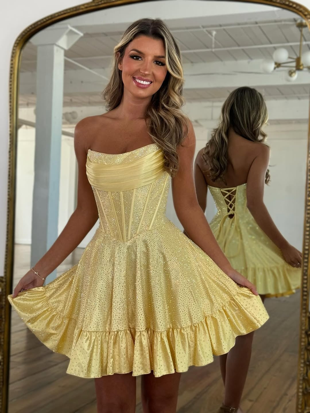 Chic A Line Strapless Yellow Short Homecoming Dress with Beading
