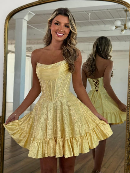 Chic A Line Strapless Yellow Short Homecoming Dress with Beading