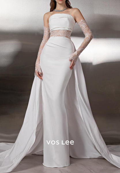 Long Sleeve Lace Spaghetti Straps Square Mermaid Prom Dresses with Court Train