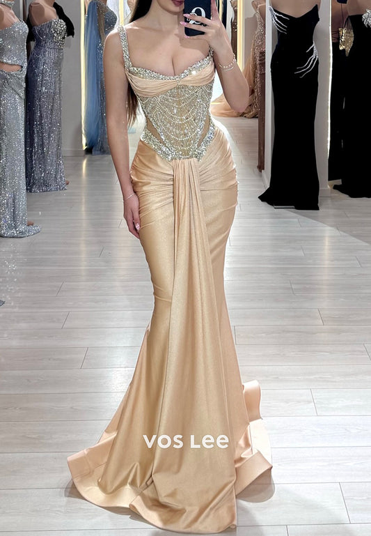 Spaghetti Straps Sweetheart Rhinestone Beaded Mermaid Evening Dresses with Sweep Train