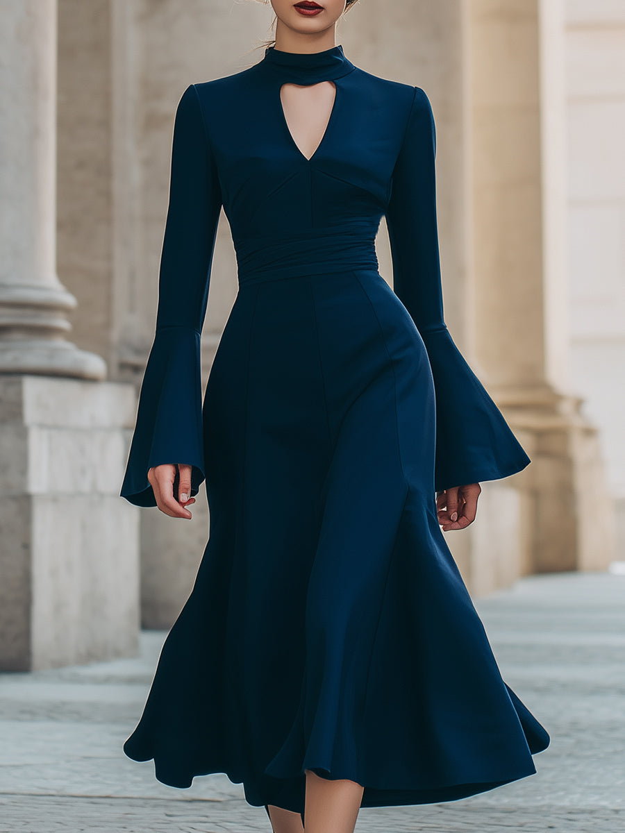 Navy Flared Midi Dress With Keyhole Neckline