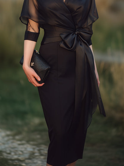 Draped Sheer Overlay Evening Gown With Sculpted Waist Tie