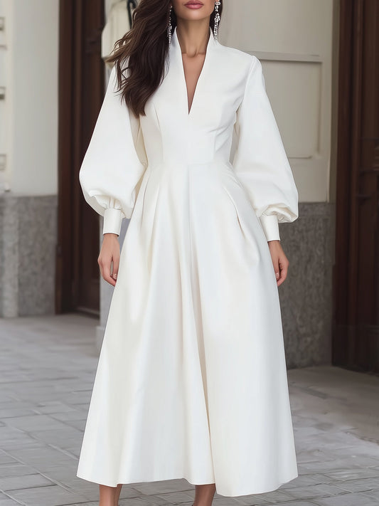 Elegant Long-Sleeve A-Line Dress With Pleated Skirt