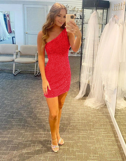 Glitter One-Shoulder Hot Pink Homecoming Dress With Sequins