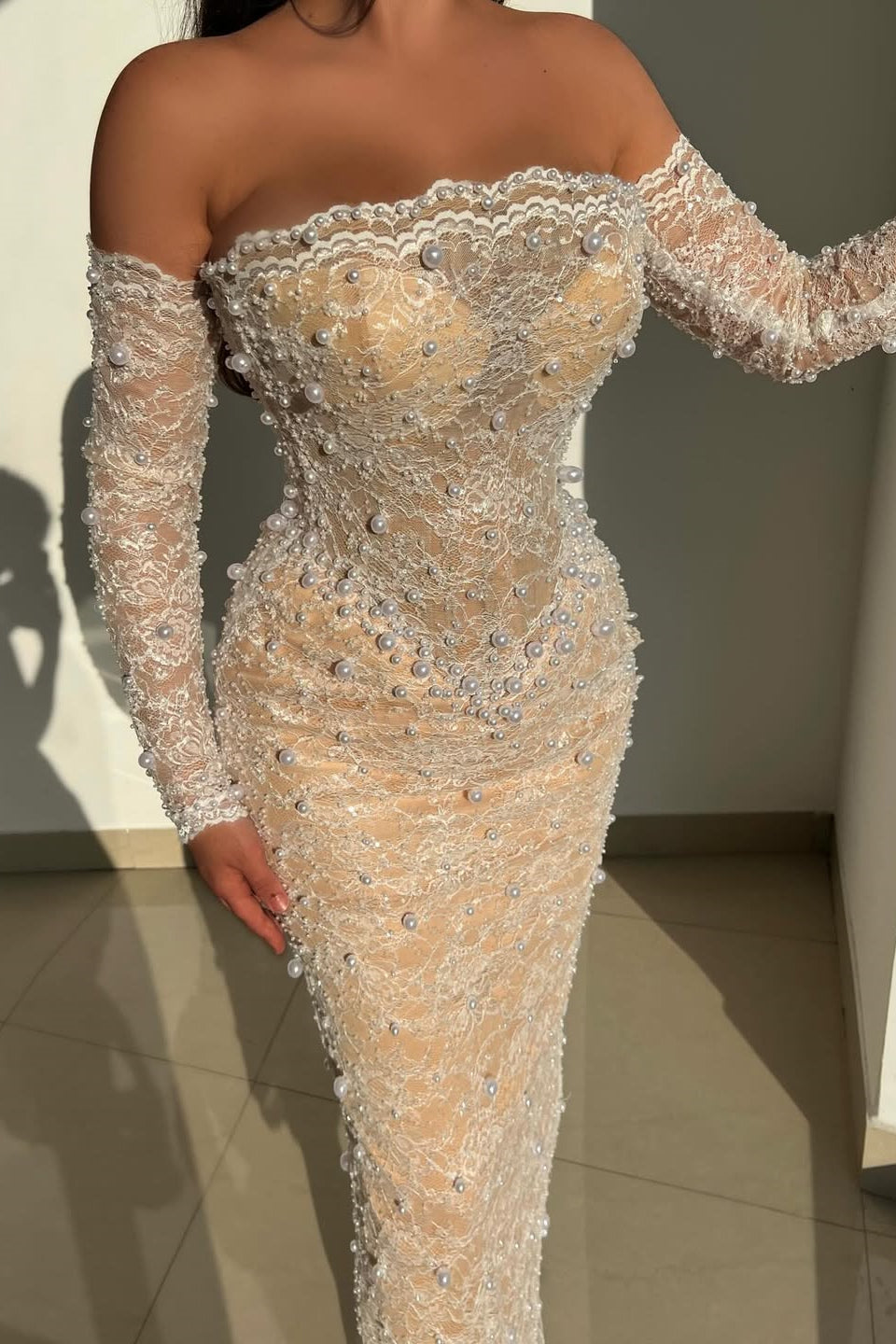 Off-the-Shoulder Long Sleeves Lace Evening Gown Tea-Length With Pearls