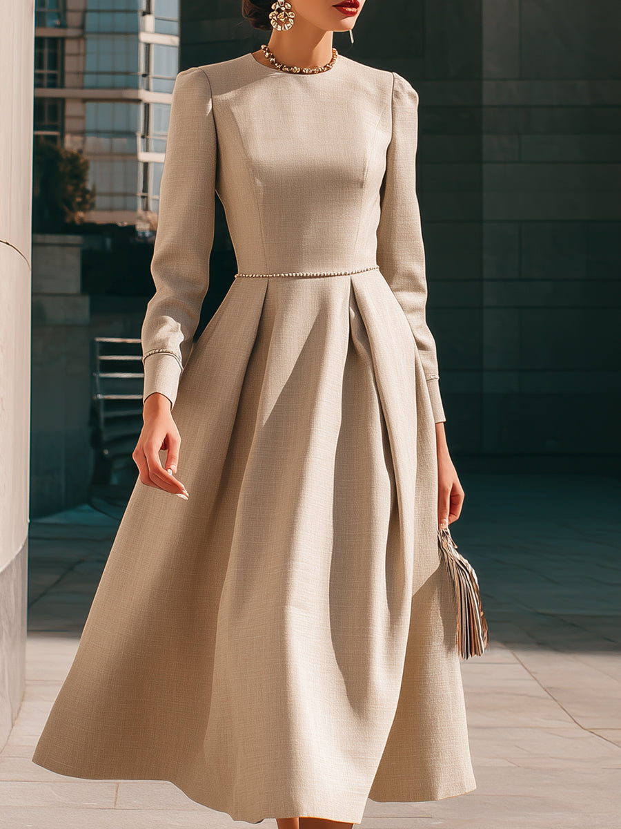 Pleated Midi Dress With Pearl-Trim Waistline