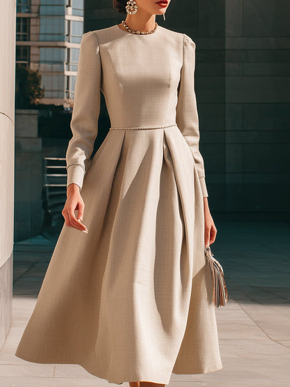 Pleated Midi Dress With Pearl-Trim Waistline