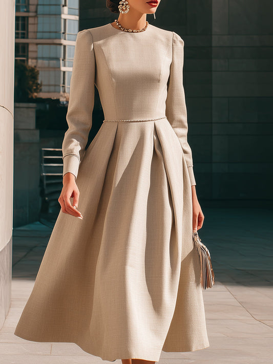 Pleated Midi Dress With Pearl-Trim Waistline