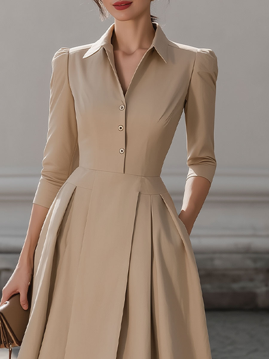 Beige Shirt-Collar Pleated Midi Dress