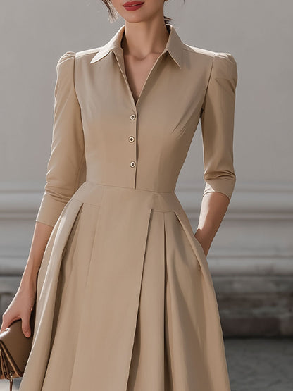 Beige Shirt-Collar Pleated Midi Dress