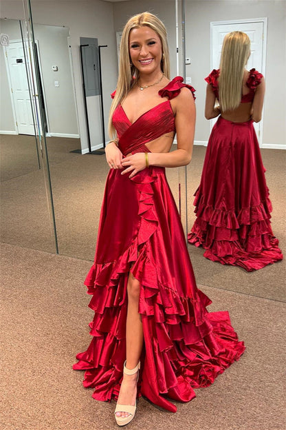 Strapless Champagne Ruffle Long Dress with Side Slit