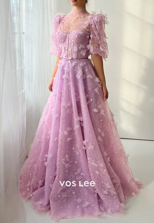 A-Line Short Sleeve Illusion Neck Sequins Embellished Pleated Prom Dresses
