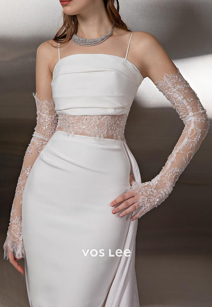 Long Sleeve Lace Spaghetti Straps Square Mermaid Prom Dresses with Court Train