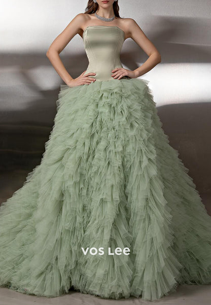 A-Line Sleeveless Tube Top Pleated Tiered Prom Dresses with Court Train