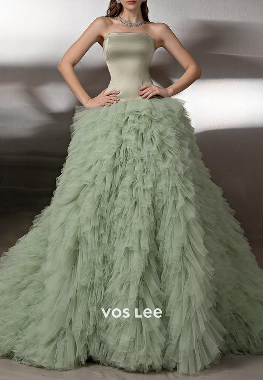 A-Line Sleeveless Tube Top Pleated Tiered Prom Dresses with Court Train